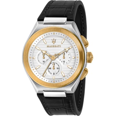 Maserati Triconic Wit Wijzerplaat Zwart Leer Heren Quartz Chronograaf Horloge R8871639004 wit