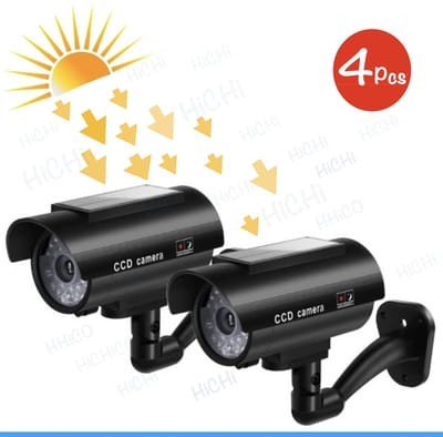 Fake camera voor buiten – HiCHiCO® Outdoor Solar Dummy camera (4 pack) – Nep camera - CCD Dummy Camera - Beveiligingscamera - Fake Outdoor Nepcamera - Nep Security Cam met rood knipperend led indicator voor binnen en buiten - Zon panel