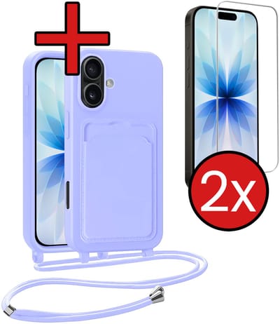 Hoesje Geschikt voor iPhone 17 Hoesje Met Telefoonkoord en Pasjeshouder Met 2x Screenprotector Siliconen - Hoes Geschikt voor iPhone 17 Hoesje Met Kaarthouder Case - Lila