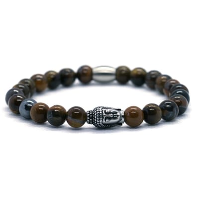 IbizaMen - heren armband - tijgeroog 8mm - Hematiet - RVS buddha