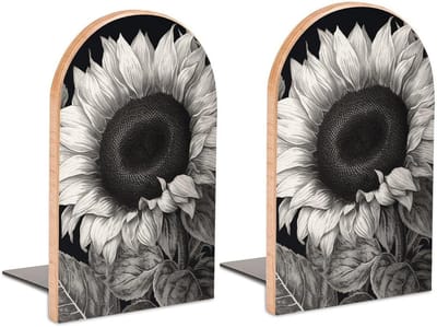 Houten Boekensteunen - Boekhouders Bureau - Boeken Organiseren - Combinatie Hout Metaal - 17 cm Hoog - Zonnebloem Zwart Grijs
