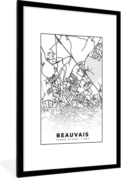 Fotolijst incl. Poster Zwart Wit- Kaart - Plattegrond - Beauvais - Frankrijk - Stadskaart - Zwart wit - 80x120 cm - Posterlijst