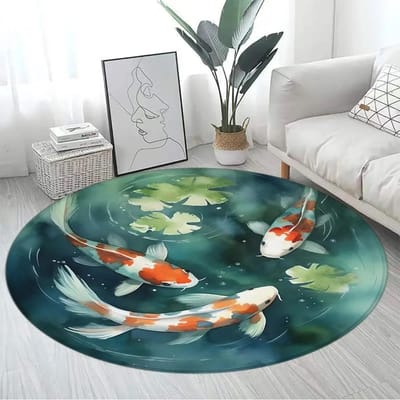 Ronde Tapijt met Japanse Koi & Kersenhoutbloesem – Inktkunst Zee Golven Design – Zen Vloermat voor Woonkamer, Slaapkamer of Meditatie Ruimte Diameter 180cm(71in)