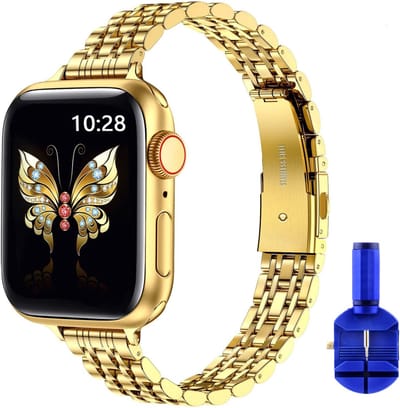 By Qubix - Geschikt voor Apple Watch bandje - Stalen slim fit band - Goud - Geschikt voor Apple Watch 38mm / 40mm / 41mm / 42mm - stalen bandje