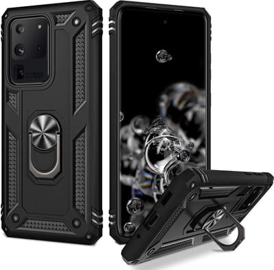 HB Hoesje Geschikt voor Samsung Galaxy S20 Ultra - Anti-Shock Hybrid Armor Back Cover - Hoes met Kickstand Ring - Zwart