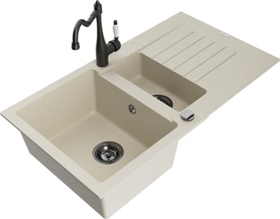 Mexen Matias granieten spoelbak 1,5-koerig met afdruiprek en keukenmengkraan Carla, beige - 6502-69-670700-70
