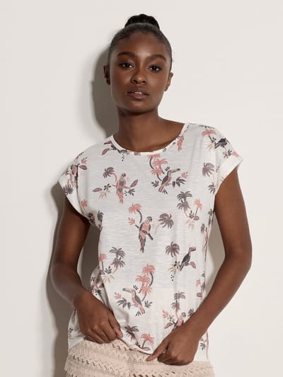 T-shirt met slubstof en papegaai- en palmprint