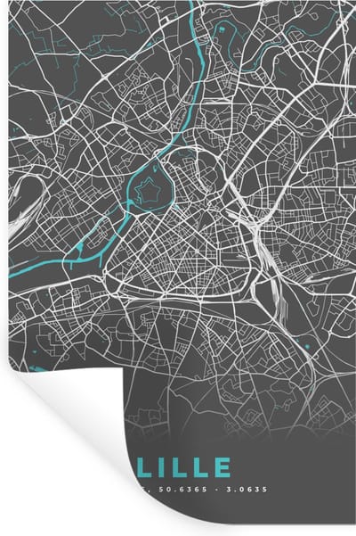Muurstickers - Sticker Folie - Frankrijk - Lille - Plattegrond - Kaart - Stadskaart - 20x30 cm - Plakfolie - Muurstickers Kinderkamer - Zelfklevend Behang - Zelfklevend behangpapier - Stickerfolie