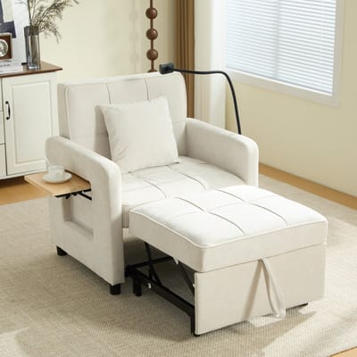 MIVRAY Relaxfauteuil 167 x 79 x 83 cm - 2-in-1 Slaapstoel Met 5-Standen Rugleuning En Opbergruimte - Voor Woonkamer - Chenille Beige