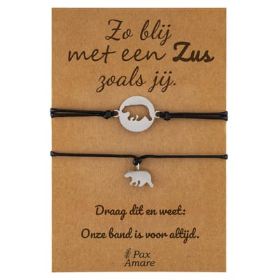 Vriendschapsarmbandjes voor 2 "Zo blij met een zus zoals jij" - Beertjes - Sisters Armbandjes met Cadeau Kaartje - Zilverkleurig - Elastisch Verstelbaar - Pax Amare