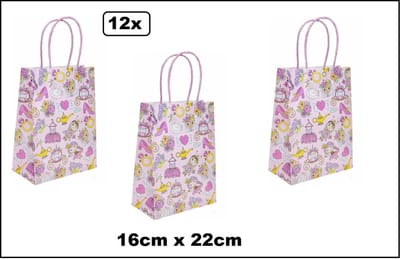 12x Koordtas Prinses 16cm x 22cm - Goodiebag papieren draagtas tas|koord festival kado themafeest party geschenken verjaardag