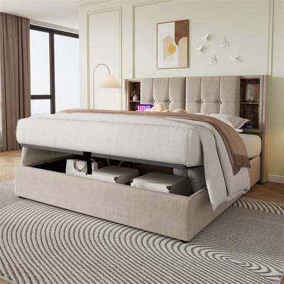 YEHTOKHOME Tweepersoonsbed 140x200cm met draadloos opladen USB-C, Gestoffeerd bed met opbergruimte en lattenbodem, Hydraulisch opbergbed, Hoofdeinde met opbergfunctie - Natuurlijk linnen (zonder matras)