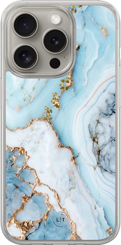 Hoesje geschikt voor iPhone 15 Pro Max - Marmer babyblauw - 2in1 backcover - Marmer - Blauw - Leuke Telefoonhoesjes