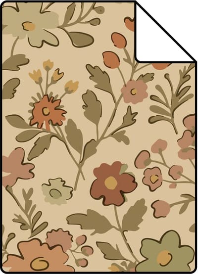 Proefstaal ESTAhome behang bloemetjes okergeel en donker beige - 26.5 x 21 cm - 131320-S