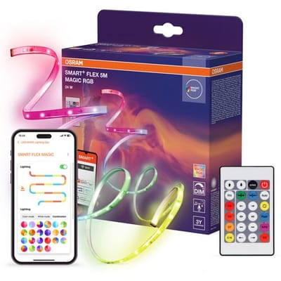 OSRAM SMART+ WIFI FLEX 5M LED strip, wit, 22W, 500lm, dimbaar, dynamisch Magic RGB-effect, individuele lichtkleurkeuze, bestuurbaar via app, lange levensduur, eenvoudige installatie, IP20
