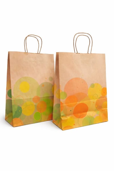 50 papieren cadeautasjes met handvat 22 x 10 x 28 cm "Bubbeltjes" in bruin / tassen Kraft Papier Tasjes met gedraaid handgrepen / Zakjes / Verjaardag - Feest - Huwelijk-Geschenk/Lente Zomer KLEURRIJK BUBBELDESIGN