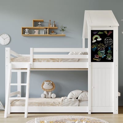 Stapelbed 90x200 cm - kinderbed - met klein deurtje en schoolbord - raam en dak - drie-stappen schuine ladder - wit - zonder matras