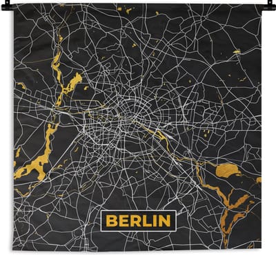 Wandkleed - Wanddoek - Berlijn - Duitsland - Plattegrond - Kaart - Stadskaart - Goud - 180x180 cm - Wandtapijt