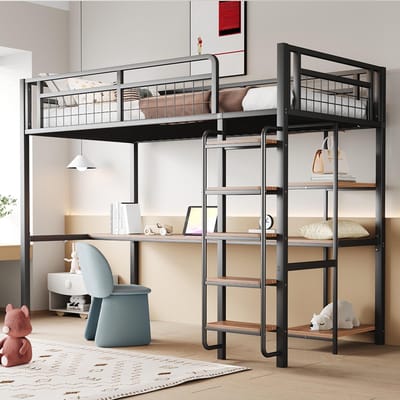 Komhtom Kinderbed Stapelbed enkel 90x200 cm veiligheidsladder met trap, tafel en plank, metalen gaasveiligheidshek zwart