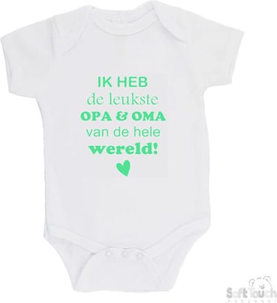 100% katoenen Romper "Ik heb de leukste opa & oma van de hele wereld" Unisex Katoen Wit/mint Maat 62/68
