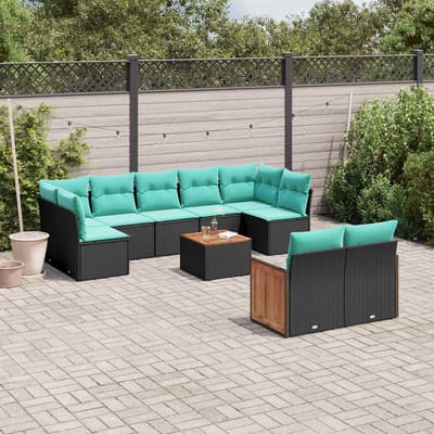 vidaXL - 10-delige - tuinbankset - met - kussens - van - zwart - polyrotan