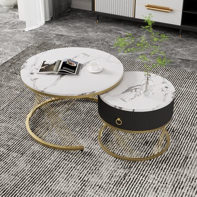 STILVORA Salontafelset - Nestbaar Met Lade En Marmerlook - Flexibel Voor Woonkamer - MDF - Wit;Goud - 70x70x45 En 50x50x40 Cm