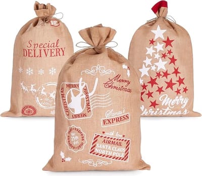 BRUBAKER Kerstzak Set van 3 stuks -80 cm Cadeauzak met Kerstmotieven - Kerstmanzak voor het Vullen en Inpakken van Cadeaus - Kerstdecoratiezak van Jute