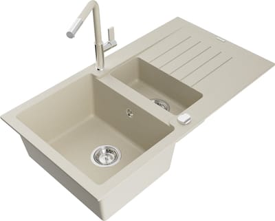 Mexen Matias granieten gootsteen 1,5-kamer met druiprek en keukenmengkraan Flora, beige - 6502-69-670401-09