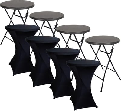 BRASQ Statafel Zwart – Ø80 x 110 cm – Set van 4 – Staantafel – Partytafel – Bartafel – Inclusief 4x Zwarte Statafelrok – Voor Binnen en Buiten – Vouwtafel – Inklapbaar – Kunststof en Metaal