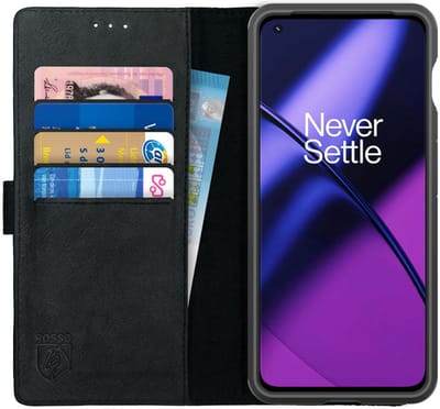 Rosso Deluxe Echt Leer Book Case Hoesje Geschikt voor OnePlus 11 | Ruimte voor drie pasjes | Portemonnee Book Case | Met Pasjeshouder | Zwart