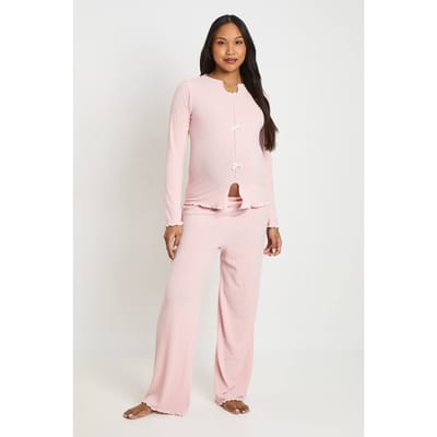 boohoo Dames Zwangerschaps Geribbelde Pyjama Set Met Strikdetail En Lange Mouwen | Roze | Maat: 44