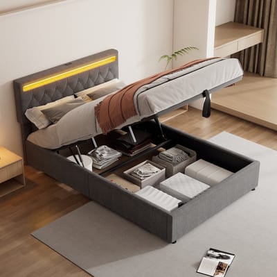 MEUNIQ tweepersoons bed 140 x 200 cm met opbergruimte, hydraulisch liftsysteem, LED verlichting, USB en USB-C, gestoffeerd bed voor slaapkamer, grijs