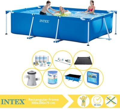 Intex Rechthoekig Frame Zwembad - 300 x 200 x 75 cm - Blauw - Inclusief Solarzeil - Onderhoudspakket - Zwembadfilterpomp - Filter - Stofzuiger - Solar Mat - Vloertegels - 8-delig