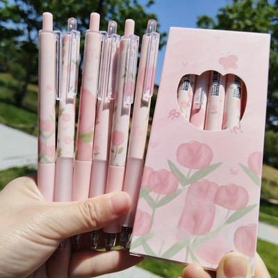 6 stuks Roze Tulp Gelpen 0.5mm Zwarte Inkt Kawaii Pennenset Schoolbenodigdheden Esthetisch Schrijfwaren Elegante Pennen