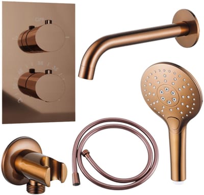 FugaFlow Eccelente Acces Badkraan set - uitloop - 22cm inkortbaar - gladde slang - ronde handdouche - inbouwdeel - wandhouder - geborsteld koper PVD