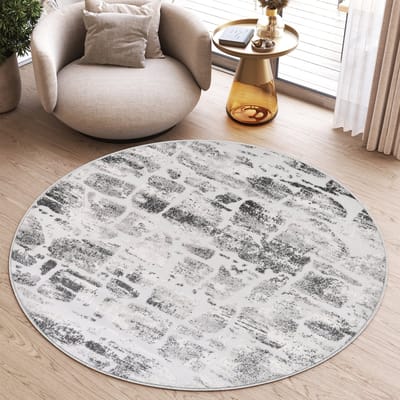 Tapiso Sky Rond Vloerkleed Hoogpolig Grijs Abstract Woonkamer Tapijt Maat- 100x100