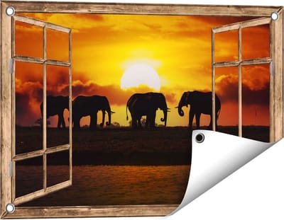 Gards Tuinposter Doorkijk Silhouet Olifanten tijdens Zonsondergang - 60x40 cm - Tuindoek - Tuindecoratie - Wanddecoratie buiten - Tuinschilderij