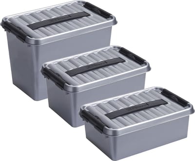 Sunware Opberg boxen - set 3x stuks - 9-6-4 liter - kunststof - grijs - met deksel - opslag manden - kisten
