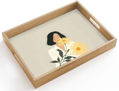 Dienblad hout 40x30 cm - Schootdienblad - Vrouw - Bloem - Geel - Minimalistisch - Borrelplank rechthoek - Plateau dienbladen