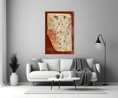 Glasschilderij – Piri Reis Wereldkaart uit 1513 – Historische en Klassieke Wanddecoratie - 90x60 cm