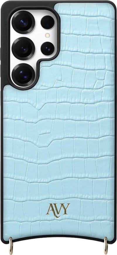 AVY Leren Hoesje geschikt voor Samsung Galaxy S25 Ultra | Compatibel met MagSafe | Leather Case | Back Cover | Haakjes voor koord | Croco Blauw