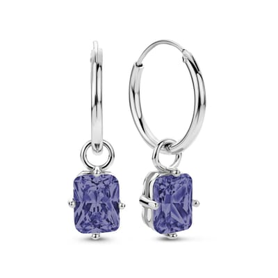 New Bling 9NB-1265 Zilveren Oorringen met hangertje - Kristal - Rechthoek - Paars - 8x6mm - Oorringen - 15x1,5mm - Oorbellen - Rhodium - Zilver