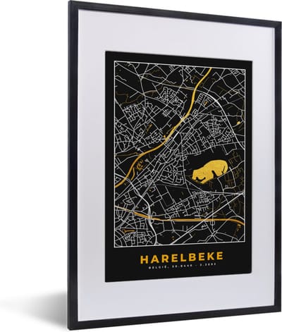 Fotolijst incl. Poster - Plattegrond - Goud - Harelbeke - Stadskaart - Kaart - 30x40 cm - Posterlijst