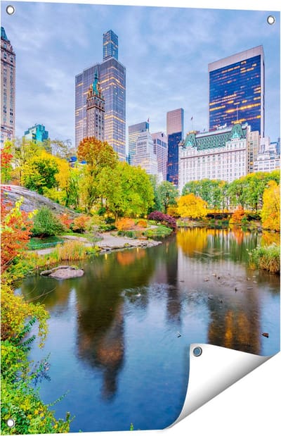 Gards Tuinposter Kleurrijke Central Park tijdens de Herfst - 60x80 cm - Tuindoek - Tuindecoratie - Wanddecoratie buiten - Tuinschilderij