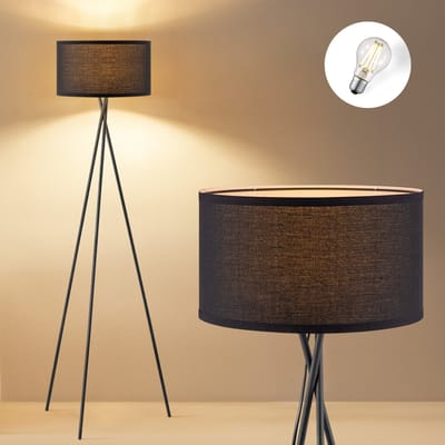 Moderne Vloerlamp - Zwarte Stoffen Lampenkap en Metalen Staande lamp - 53/53/138 cm - Inclusief LED E27 Lichtbron 9W 806Lm - voor Woonkamer en Slaapkamer - Met Voetschakelaar