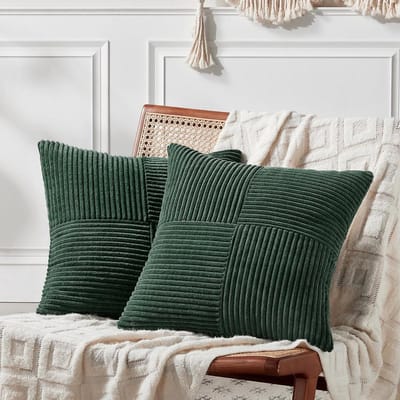 Fancy Homi Set van 2 donkergroene decoratieve kussenslopen 56 x 55 cm voor woonkamer bank, bed, boho, boerderij, bosgroen, huisdecoratie, zachte corss corduroy patchwork getextureerde kussensloop