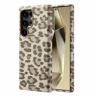 Selencia Hoesje - Geschikt voor Samsung Galaxy S24 Ultra - Sabi Backcover panterprint met Magnetische Ring - Soft Ivory