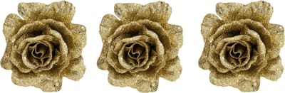 3x stuks decoratie bloemen roos goud glitter op clip 10 cm - Decoratiebloemen/kerstboomversiering/kerstversiering
