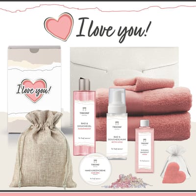 Geschenkset “I Love You!” - 9 producten - 1940 gram - Triomf Cosmetica | Giftset voor haar Cadeau Valentijnsdag Luxe wellness cadeaubox Vrouw Ik hou van jou Cadeaupakket Kerst Geschenk Pakket Verjaardag Gift Set Valentijn Vriendin Roze