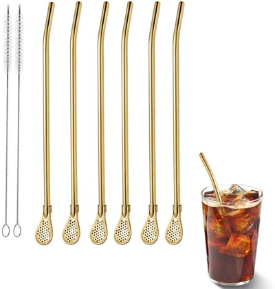 6-stuks 18.5cm Lepel en rietje van roestvrij staal - Lepel met lange steel en rietje - Herbruikbaar - Met filter - Met 2 reinigingsborstels - Geschikt voor milkshakes, cocktails, koffie, thee en andere dranken - Goud